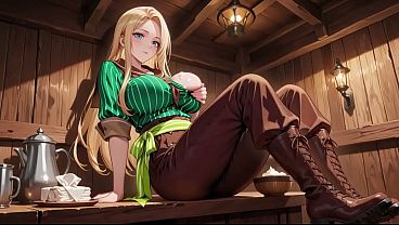 Ai – Blonde Maid behind the bar, flushed in a tight green striped uniform!