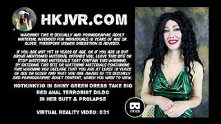 Hotkinkyjo in shiny green drees take big red anal terrorist dildo in her butt & prolapse