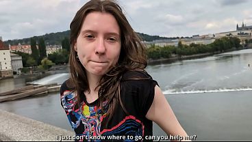Meeting on the streets with Polish student ends with huge cumshot on her petite body