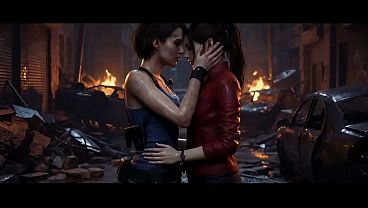 Jill Valentine x Claire Redfield lesbian kissing (Resident Evil / AI generated)