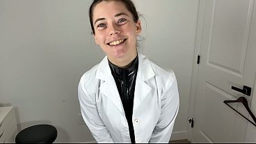 Trying on Shiny Spandex Catsuit with White Lab Coat